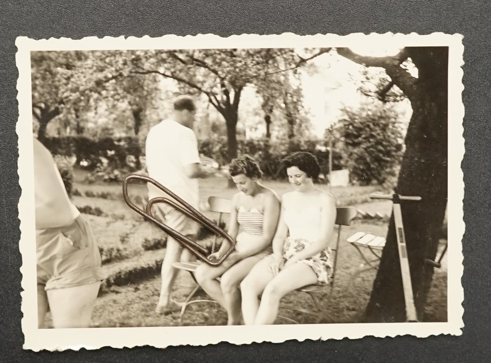 Photo Portrait Young Women Garden Short Pants Vintage Model Swimsuit Bikini Picture