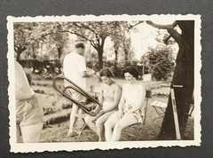 Photo Portrait Young Women Garden Short Pants Vintage Model Swimsuit Bikini Picture