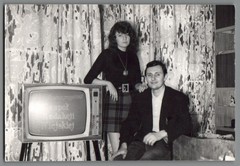 Vintage Photo Television Neptune Poland Couple Living Room TV 1960s (F2056)
