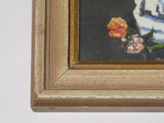 Wallace Nutting Miniature Hand Colored Photo Floral Bouquet Blue & White Pot