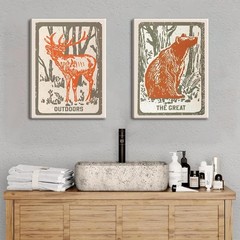 Framed Funny Woodland Deer Bear Canvas Wall Art Set of 2, Vintage Rustic Fore…