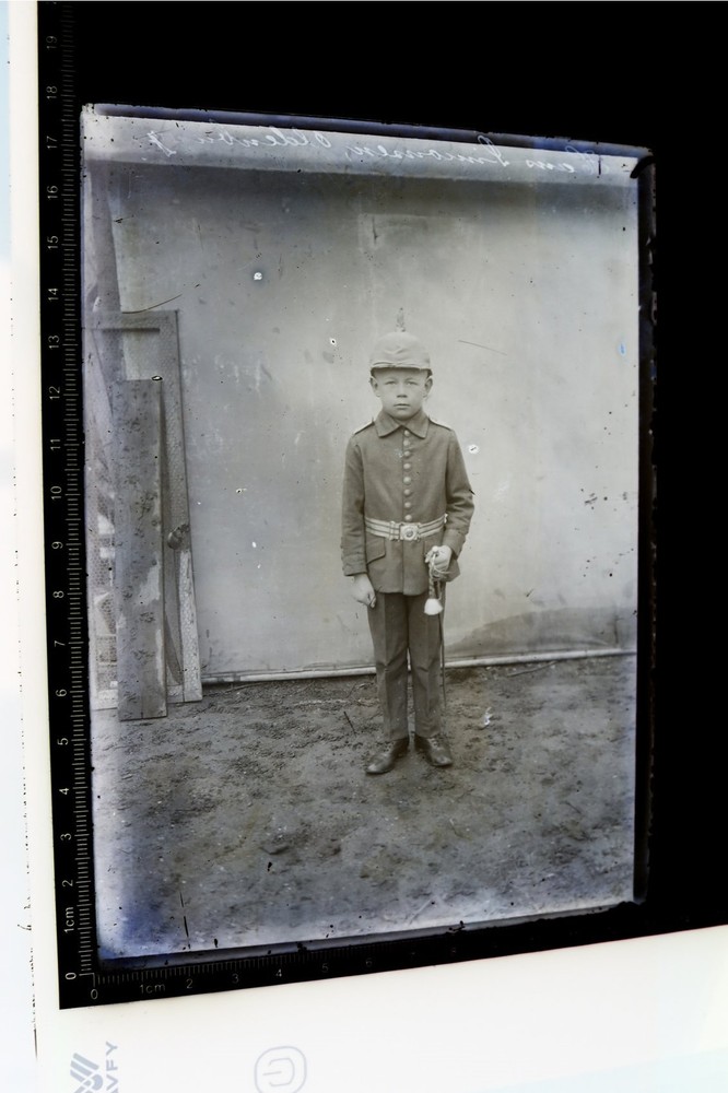 Great Vintage Glass Negative 18×13 – Boy in Uniform with Pickelhaube – 1910-1918
