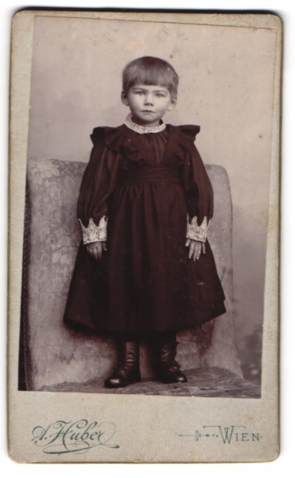 Photograph A. Huber, Vienna, Eisen-Platz 2, Little Girl in Large Black K
