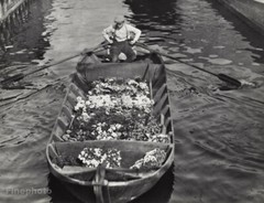 1932 Vintage Flowers Row Boat Man Canal Nautical Original Photo Gravure By Blok