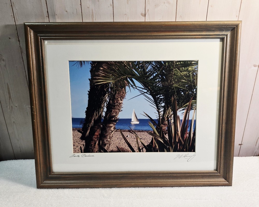 Signed Santa Barbara Photograph Framed Coastal Beach Sailboat Palm Trees 13×16