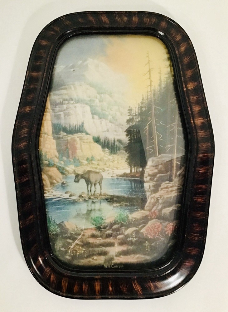 Antique W.A. Carson Wildlife Photograph Artwork Bubble Frame Moose Hunting