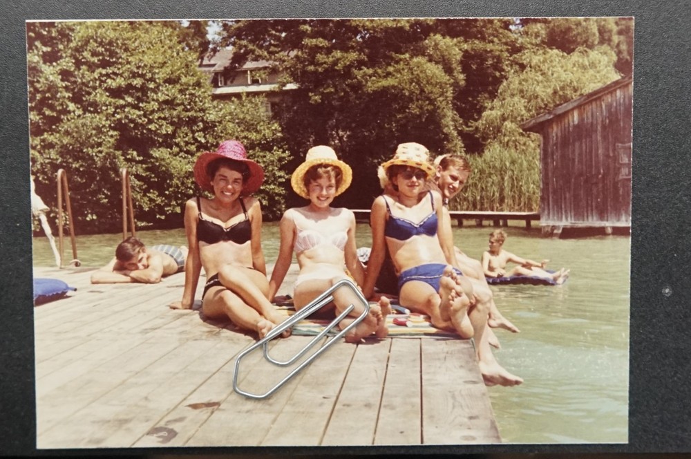 Photo portrait young women model outdoor pool bikini color hat men Regensburg picture