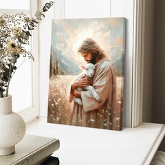 Jesus and Lamb Canvas Wall Art Christian Jesus the Good Shepherd Painting pic…
