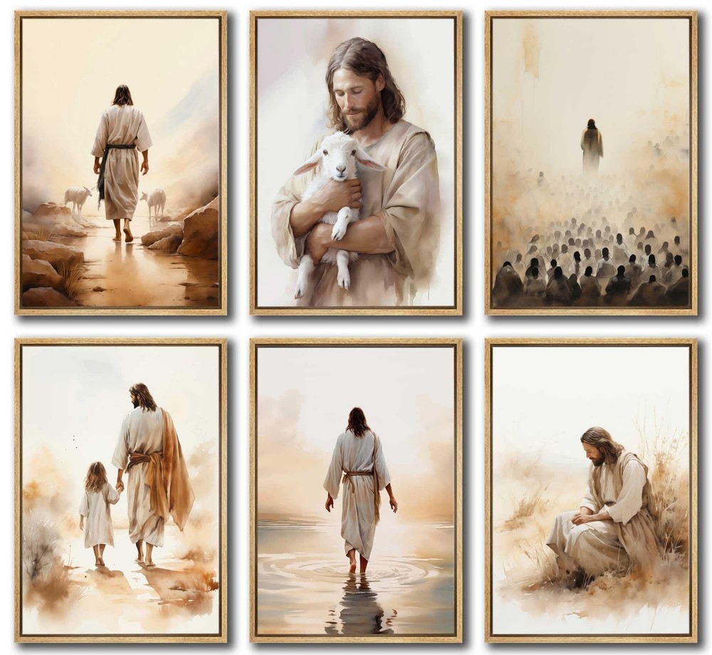 6Pcs Jesus Christian Canvas Wall Art Jesus Embraces the Lamb Jesus Walking On…