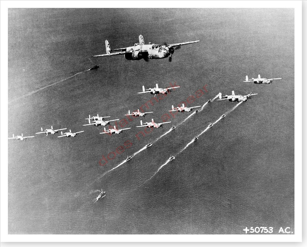 WWII Silver Halide Photo B-25s Flying Over Navy Ships In Pacific Theatre