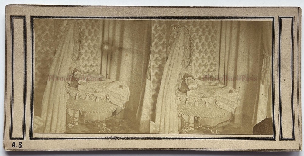 Bébé In The Couffin Photo Post Mortem A. B. Stereo Vintage Album C1858 Rare