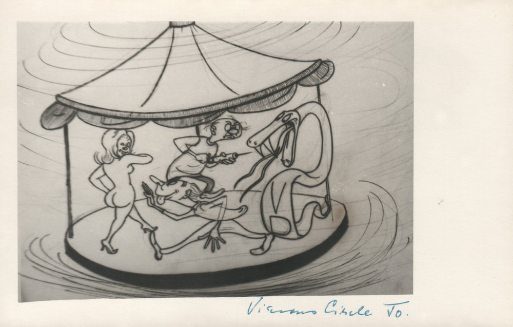 1964 RARE John Olday Real Photo SIGNED Satirical Cartoon Vicious Circle POSTCARD