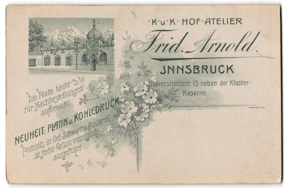 Photograph Frid. Arnold, Innsbruck, Universitätsstr. 15, view Innsbruck, Fro