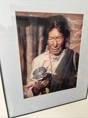 Framed And Matted Photograph Portrait Tibetan Woman Holding A Mani Wheel 20”x16”