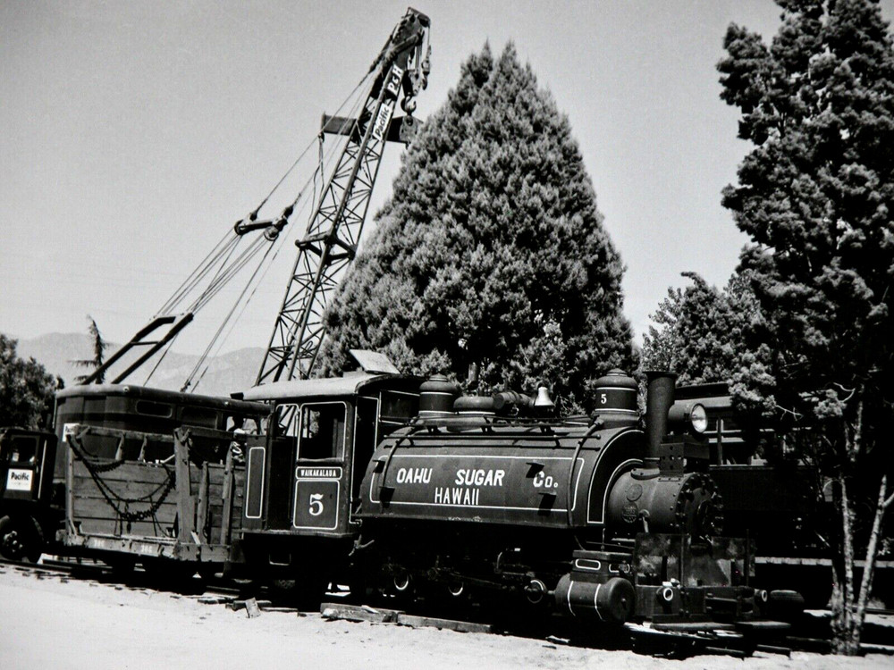 OAHU SUGAR CO HAWAII Engine #5 Locomotive Station Photograph Vtg 50s Railway