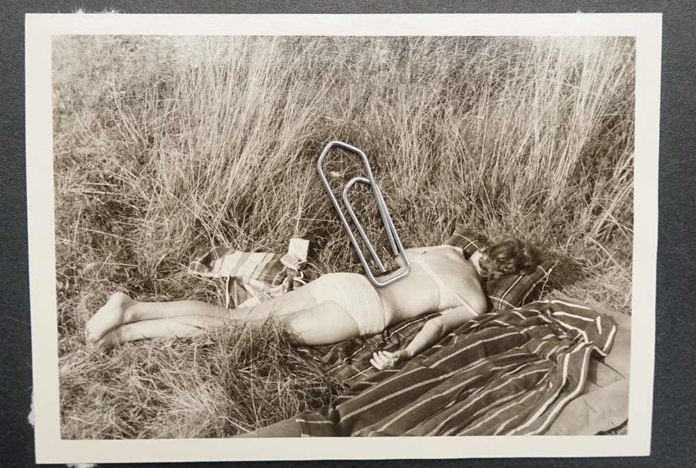 Photo Portrait Young Woman Bikini Model Sunbathing Lawn 1964 Coat Back View Picture