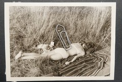 Photo Portrait Young Woman Bikini Model Sunbathing Lawn 1964 Coat Back View Picture