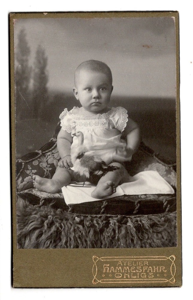 CdV Photo Baby with Toy Goose around 1905 – Atelier Hammesfahr Ohligs, Rare