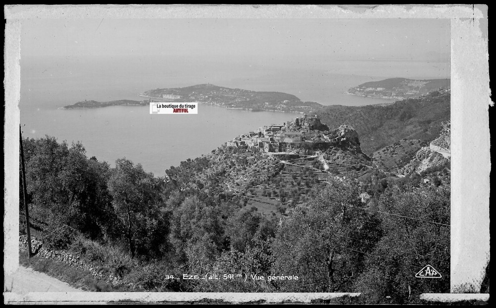 Vintage Black & White Photo Glass Plate Negative 9X14 Cm, Èze + Paper Print