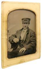 MID-19TH C AMERICAN ANTIQUE B & W OCCUPATIONAL TINTYPE RR CONDUCTOR