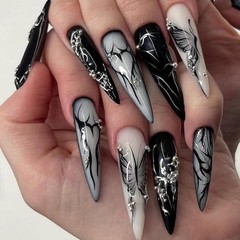 Press on Nails Long, Stiletto Halloween Black White Butterfly Heart Diama…