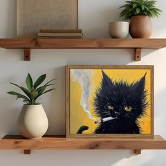 Vintage Framed Black Cat Wall Art, Black Cat Painting Portrait Wall Decor, Me…