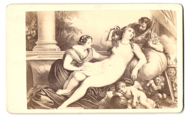 Fotografie unbekannter Fotograf und Ort Gemälde: Mars und Venus nach Deveri Akt