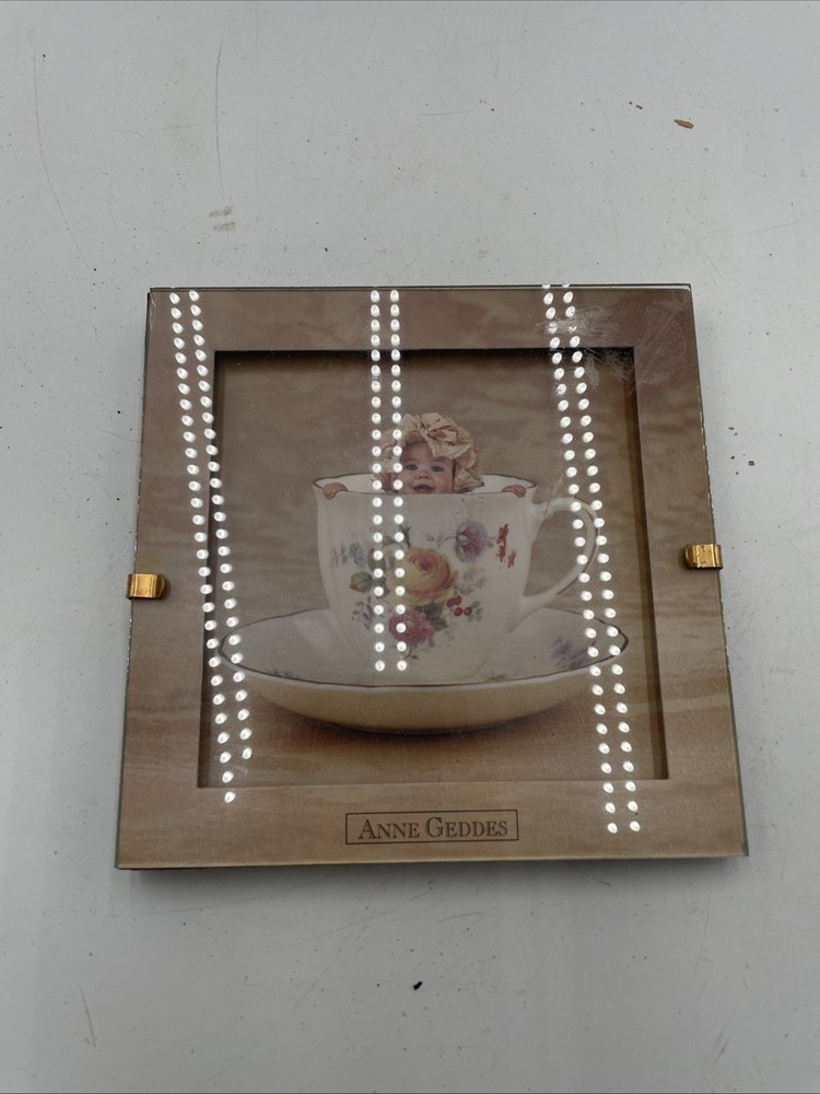 1997 Anne Geddes, BABY IN A TEA CUP 5 x 5 inch Picture Framed