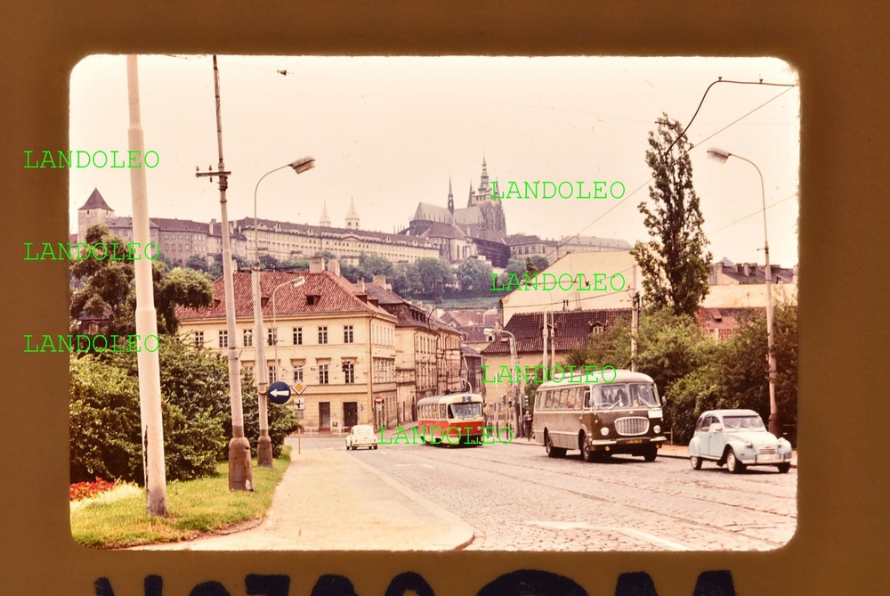 Slide Prague City View Prague Castle Street Scene Tram Bus Car 1970s