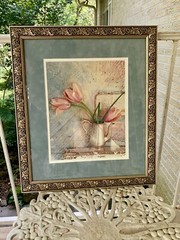 VTG Art Still Life Photo Print Tulips & Antique Brass Pitcher Framed/Matted VG
