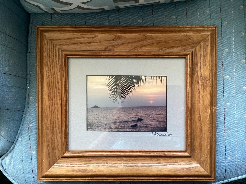 Signed C. Schramm 2004 Tropical Sunset Dolphin Photograph Framed Coastal