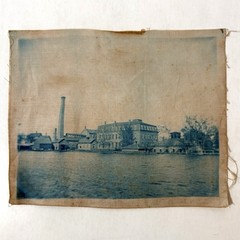 Antique Cyanotype Factory Old Industrial Waterfront Linen Fabric Photograph Blue
