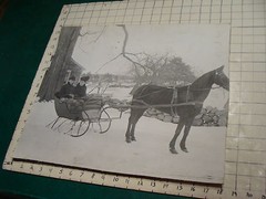 large mounted photo of couple in sleigh, some wear