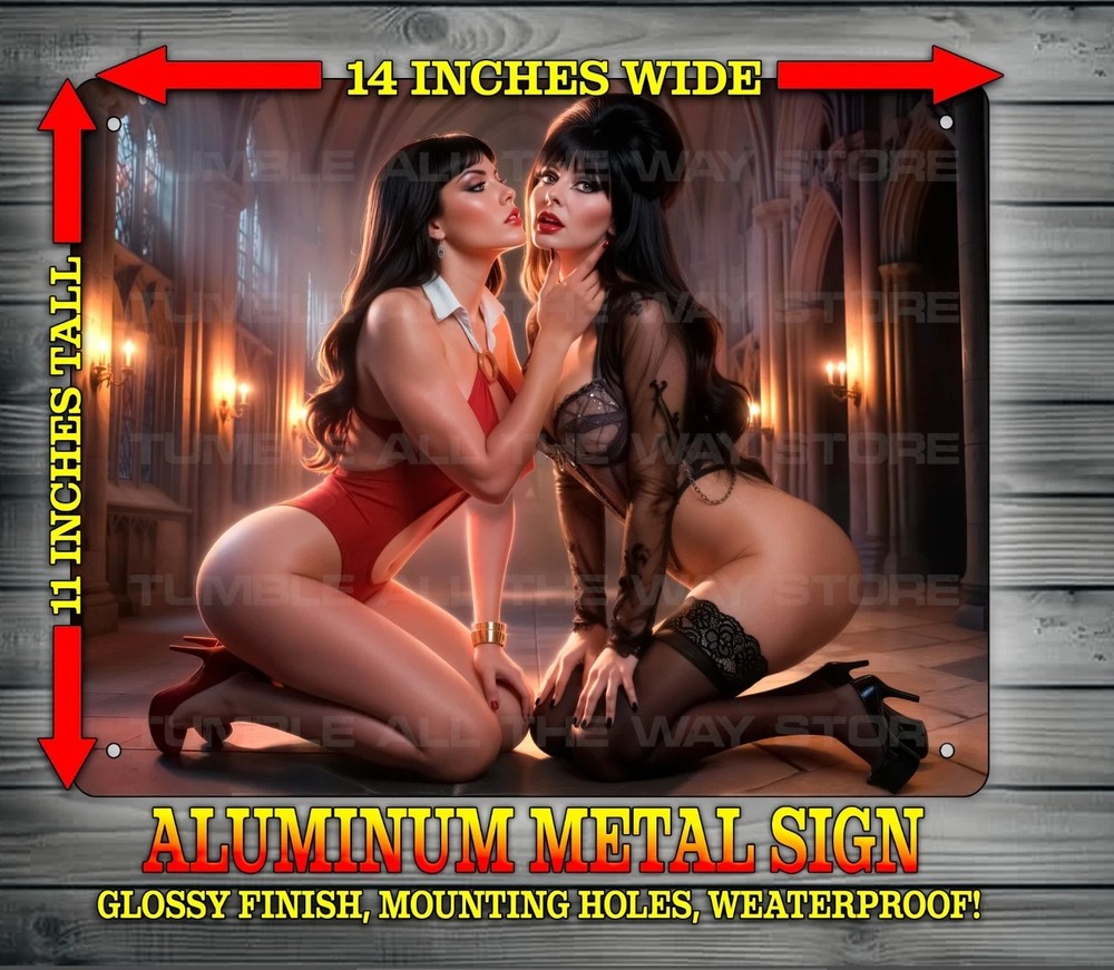Elvira With Vampirella Hand on Chin Sexy Goth Vixens Metal Sign Art 14″ x 11″