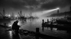 Lighthouse Foggy Harbor Digital Print Fisherman Boat Nautical Wall Art Printable
