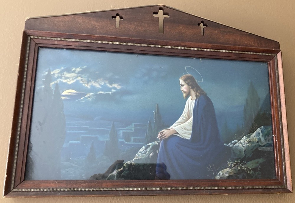 Vtg Portrait Of Jesus On Mt.of Olive In Wooden Cross Frame