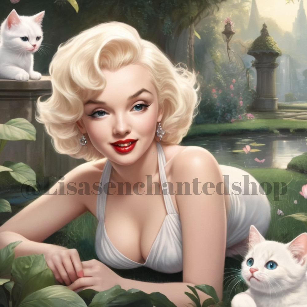 Digital Image Desktop Wallpaper AI Art – Marilyn Monroe in a Garden With Kittens