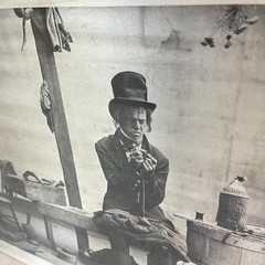Antique Framed Photograph Black & White on Silk Framed Tramp Mending Coat