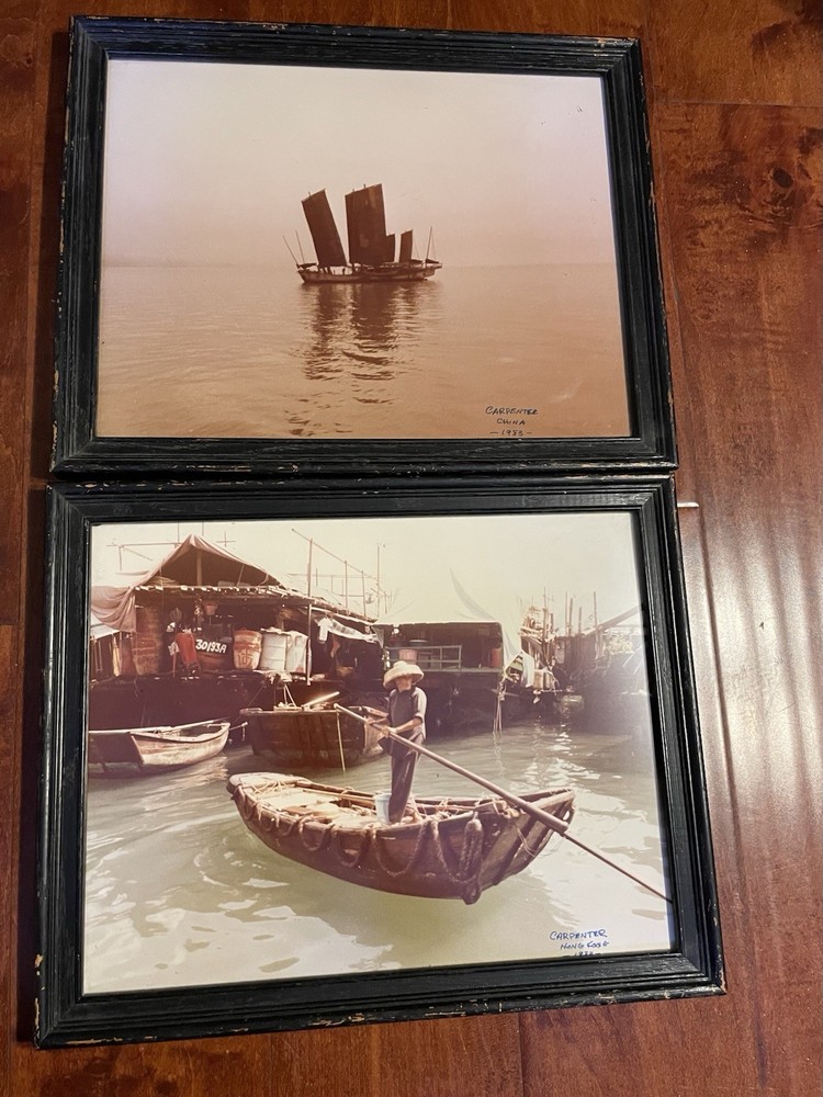 Vintage Asian Boat Photo Prints Framed Wall Art Pair China Hong Kong 15.5×12.5