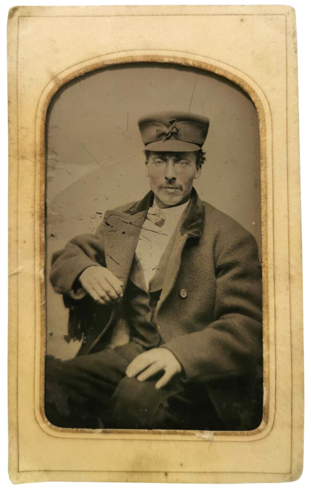 MID-19TH C AMERICAN ANTIQUE B & W OCCUPATIONAL TINTYPE RR CONDUCTOR