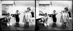 STEREO GLASS NEGATIVE, sexy women on beach, strange swimsuits, rare, vintage fin