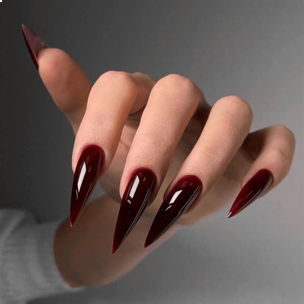 Press on Nails Long, Stiletto Halloween Plain Dark Wine Red Gothic Fake Nails…