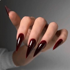 Press on Nails Long, Stiletto Halloween Plain Dark Wine Red Gothic Fake Nails…