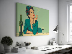 Retro Pop Art Woman Smoking Cigarette with Wine Bottle and Glass, Vintage Comic