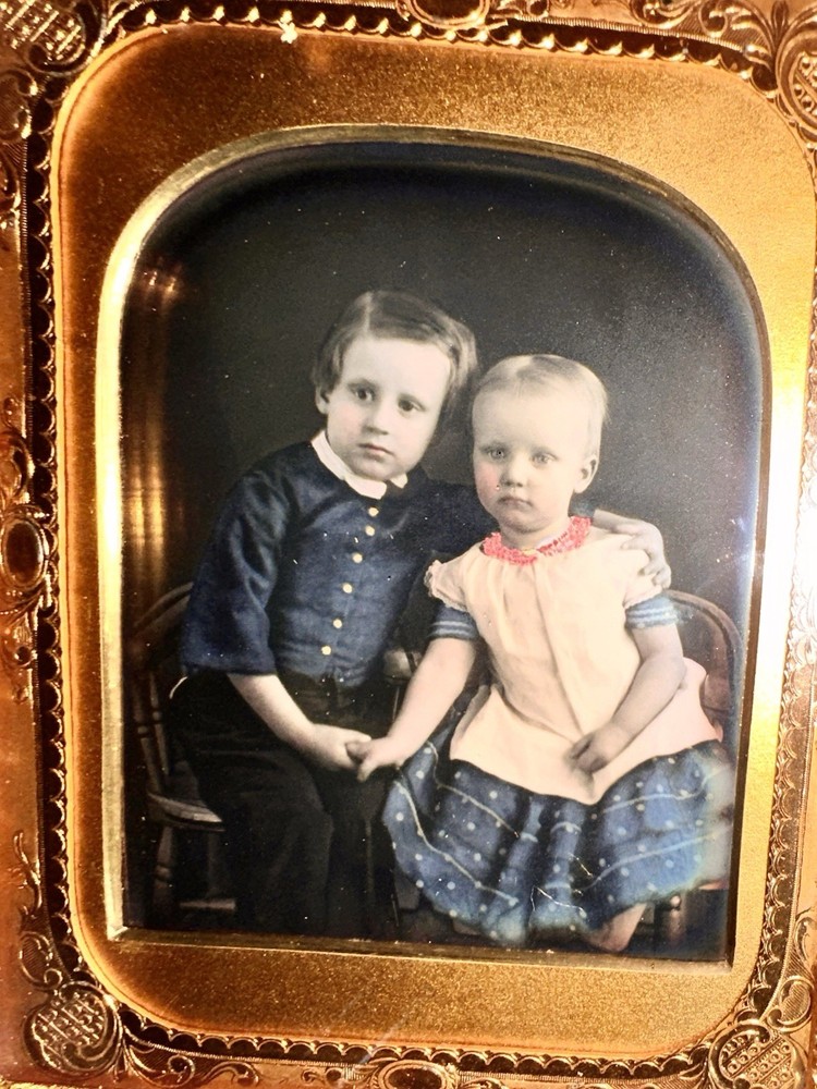 Beautiful HALF PLATE Tinted Daguerreotype of Cute Siblings Boy & Girl