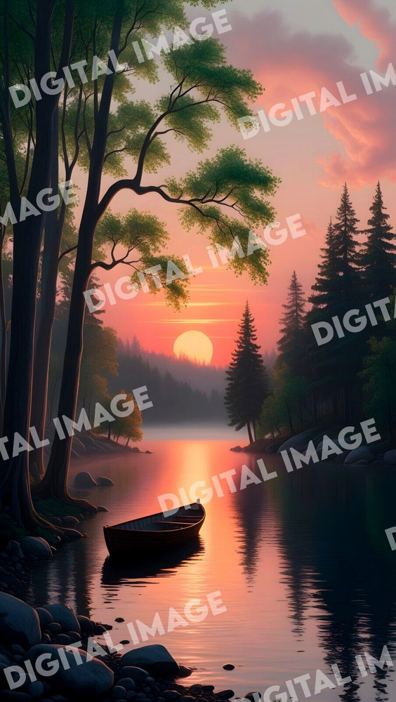 Digital Art Beautiful Forest Sunset with Boat and Fog – Photorealistic JPG