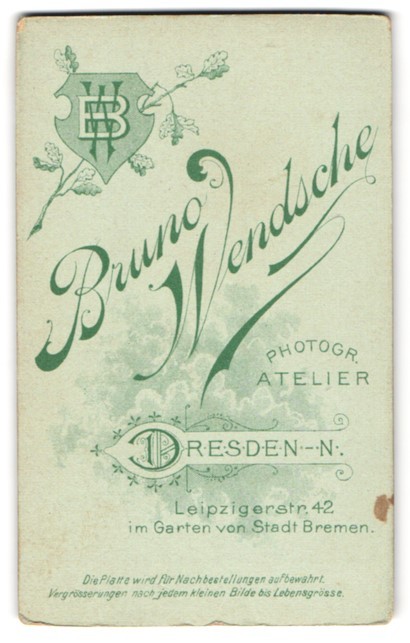 Photograph Bruno Wensche, Dresden-Neustadt, Leipzigerstr. 42, Monogram Of Photo