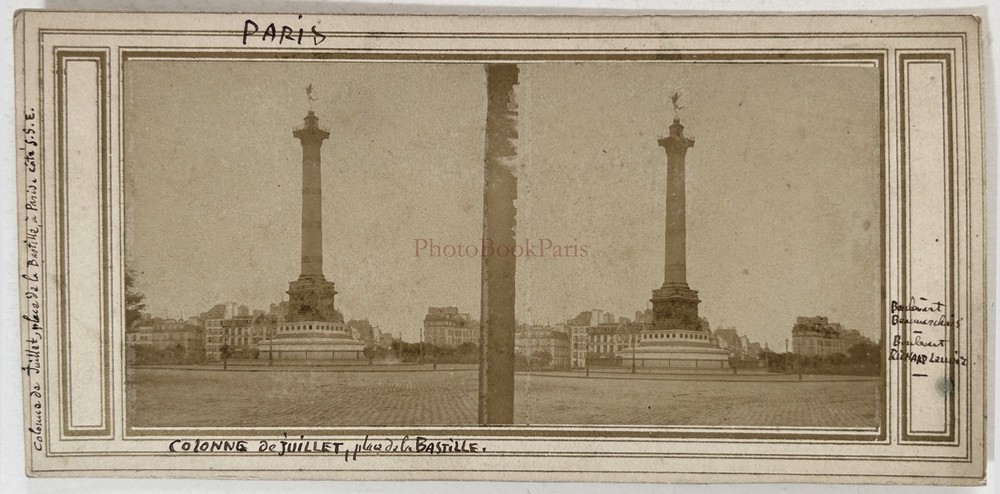 France Paris Square The Bastille Column July c1858 Photo Stereo Vintage