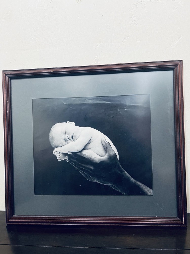 Black & White Portrait Photograph of Baby in Hands, Happy Mother’s Day,