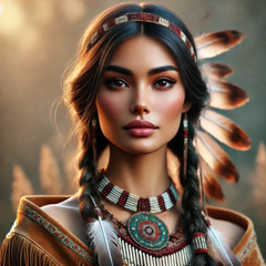 Native American Woman Portrait – High-Resolution Digital Art Print, Sunset Scene